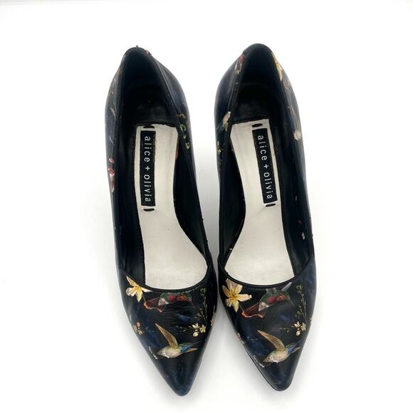 Alice + Olivia Dina Botanical print Humming bird pums Silettos Art to wear Sz 7 - Picture 8 of 12